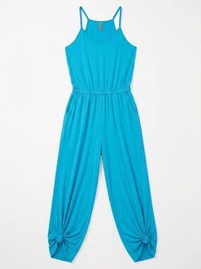 Bright Blue Spaghetti Strap Jumpsuit Knot Hem Ankle Elastic Waist Pockets S